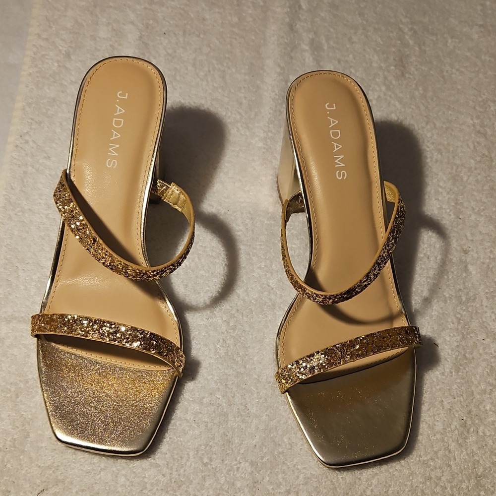 J. Adams Gold Glitter Strappy Block Heel Square Toe Slip On Size 9
